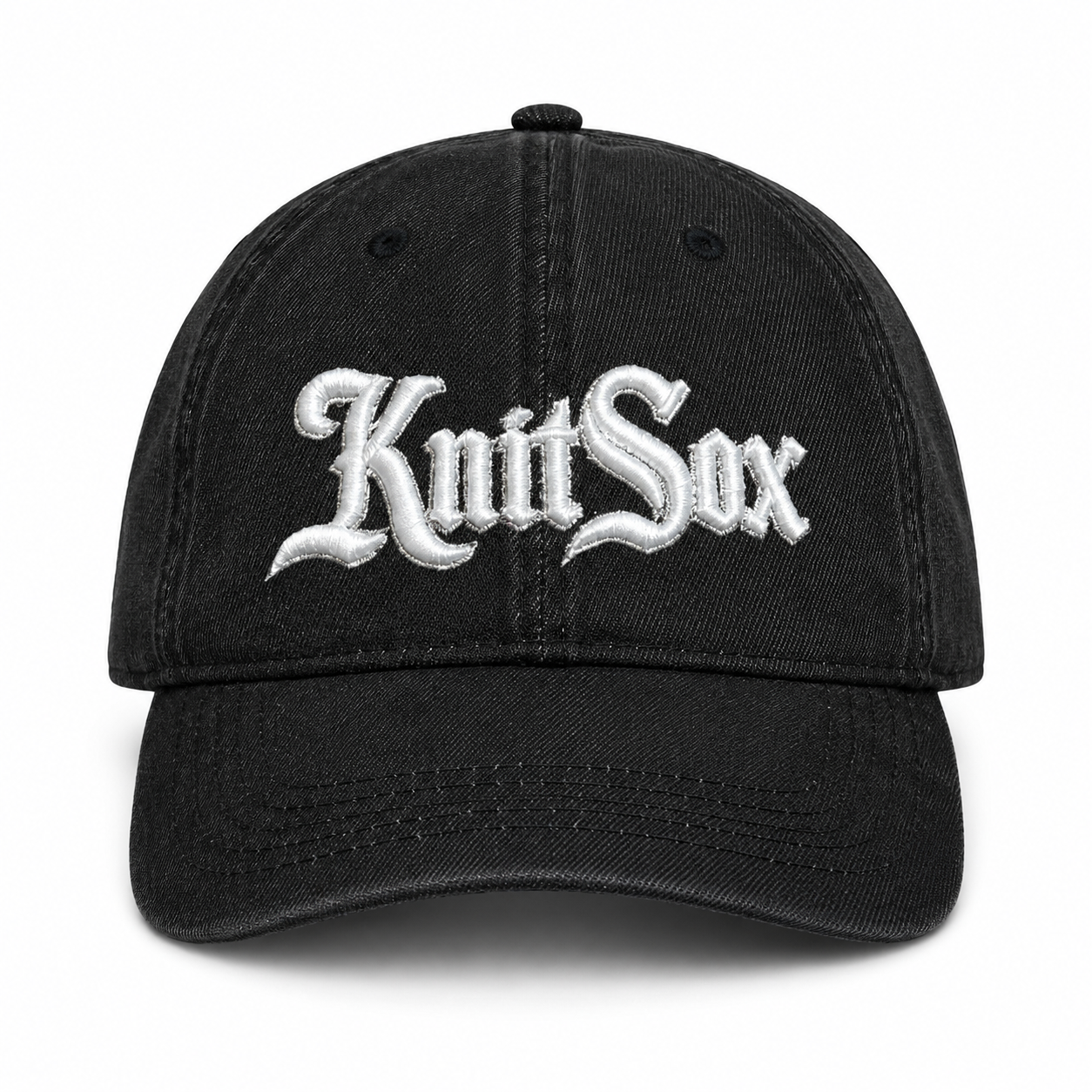 Black denim hat with Knit Sox white puff embroidery and metallic silver embroidered detail