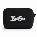 Black zip pouch with white Knit Sox puff embroidery