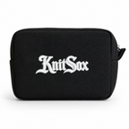 Black zip pouch with white Knit Sox puff embroidery