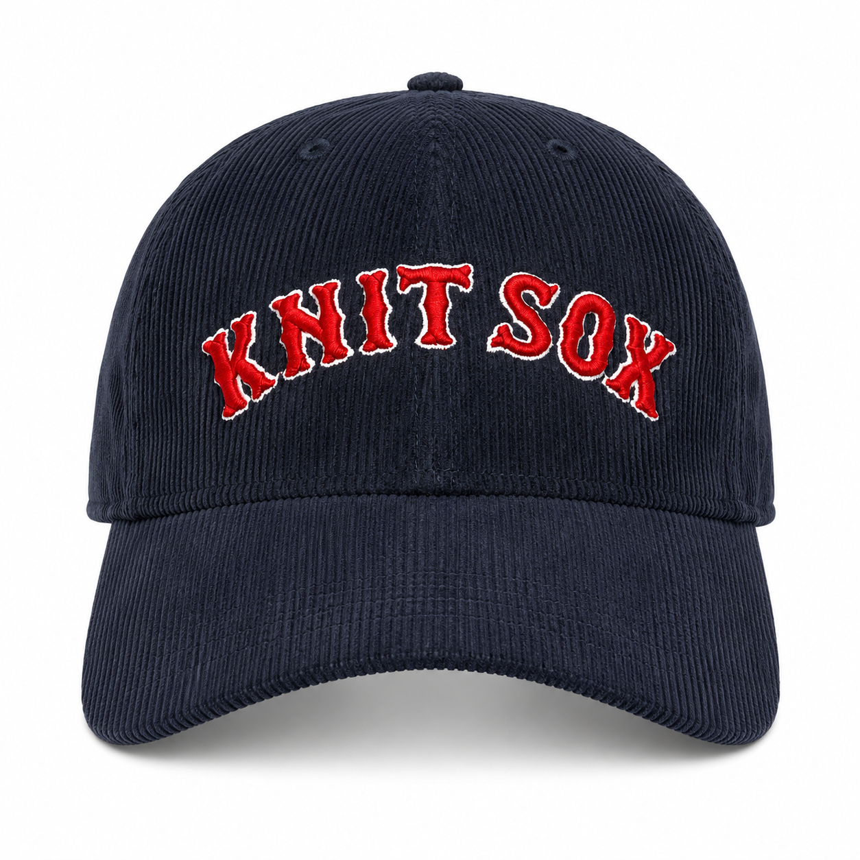Navy corduroy hat with Knit Sox red puff embroidery and white embroidered detail