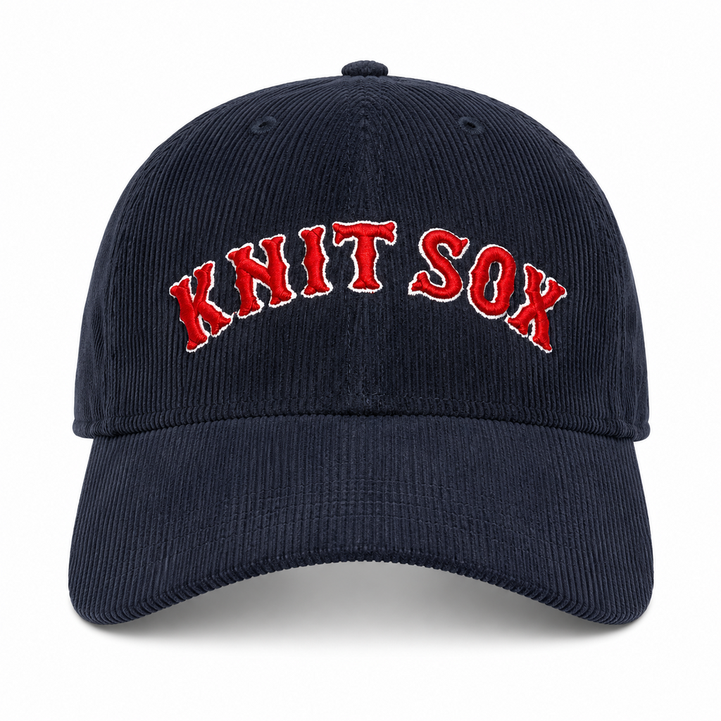 Navy corduroy hat with Knit Sox red puff embroidery and white embroidered detail