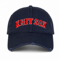 Navy distressed washed cotton hat with Knit Sox red puff embroidery and white embroidered detail