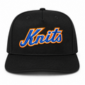 Black structured hat with blue, white, and orange Knits embroidery