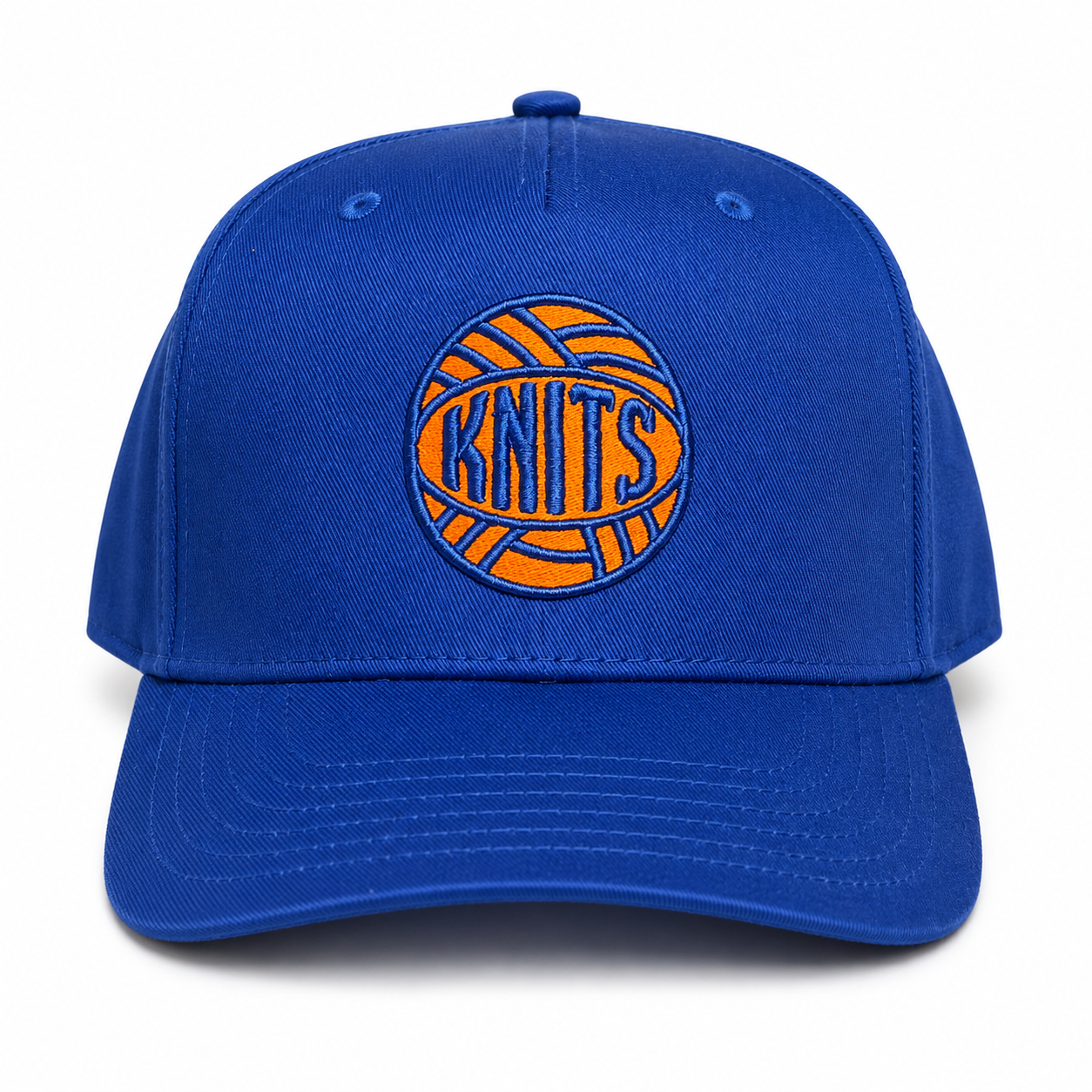 Royal blue 5-panel hat with orange and blue Knits yarn ball embroidery