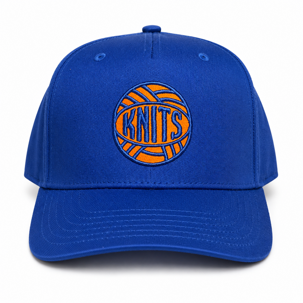 Royal blue 5-panel hat with orange and blue Knits yarn ball embroidery