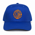 Royal blue 5-panel hat with orange and blue Knits yarn ball embroidery