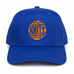 Royal blue 5-panel hat with orange and blue Knits yarn ball embroidery