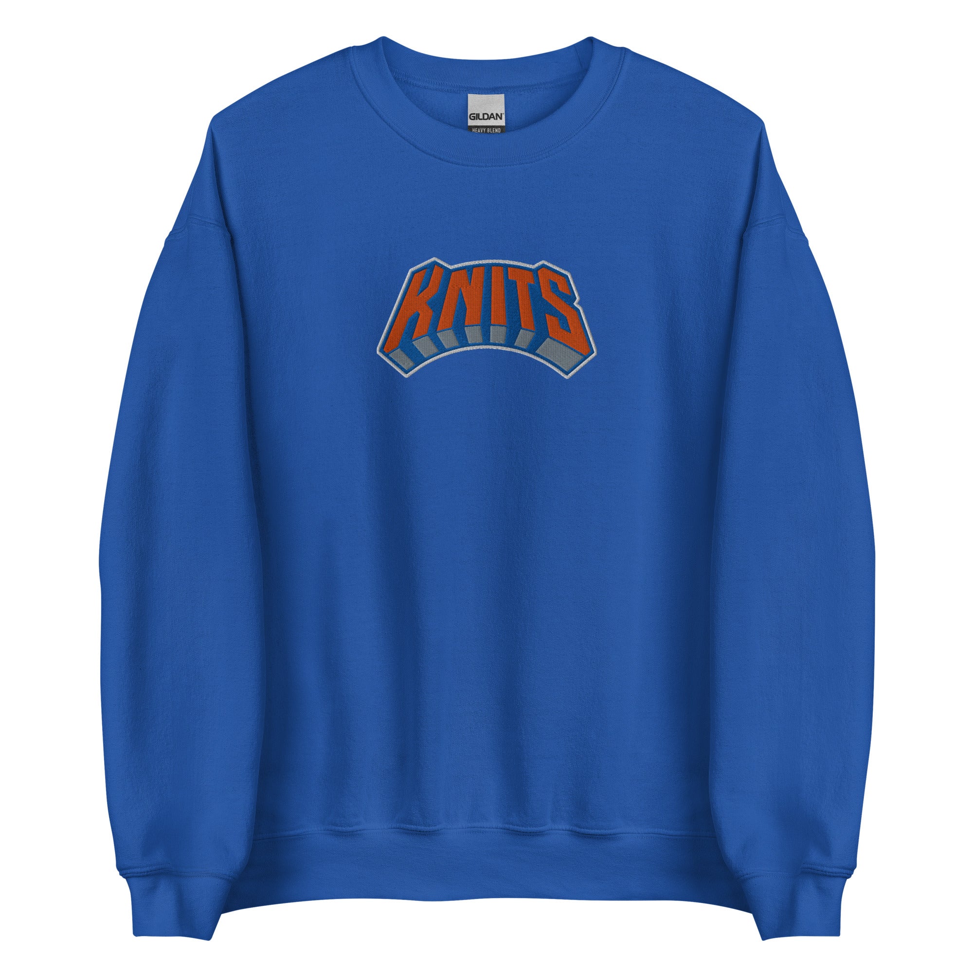Royal blue sweatshirt with orange and navy Knits front graphic