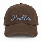 Custom embroidered Knitter hat with chainstitch-style lettering