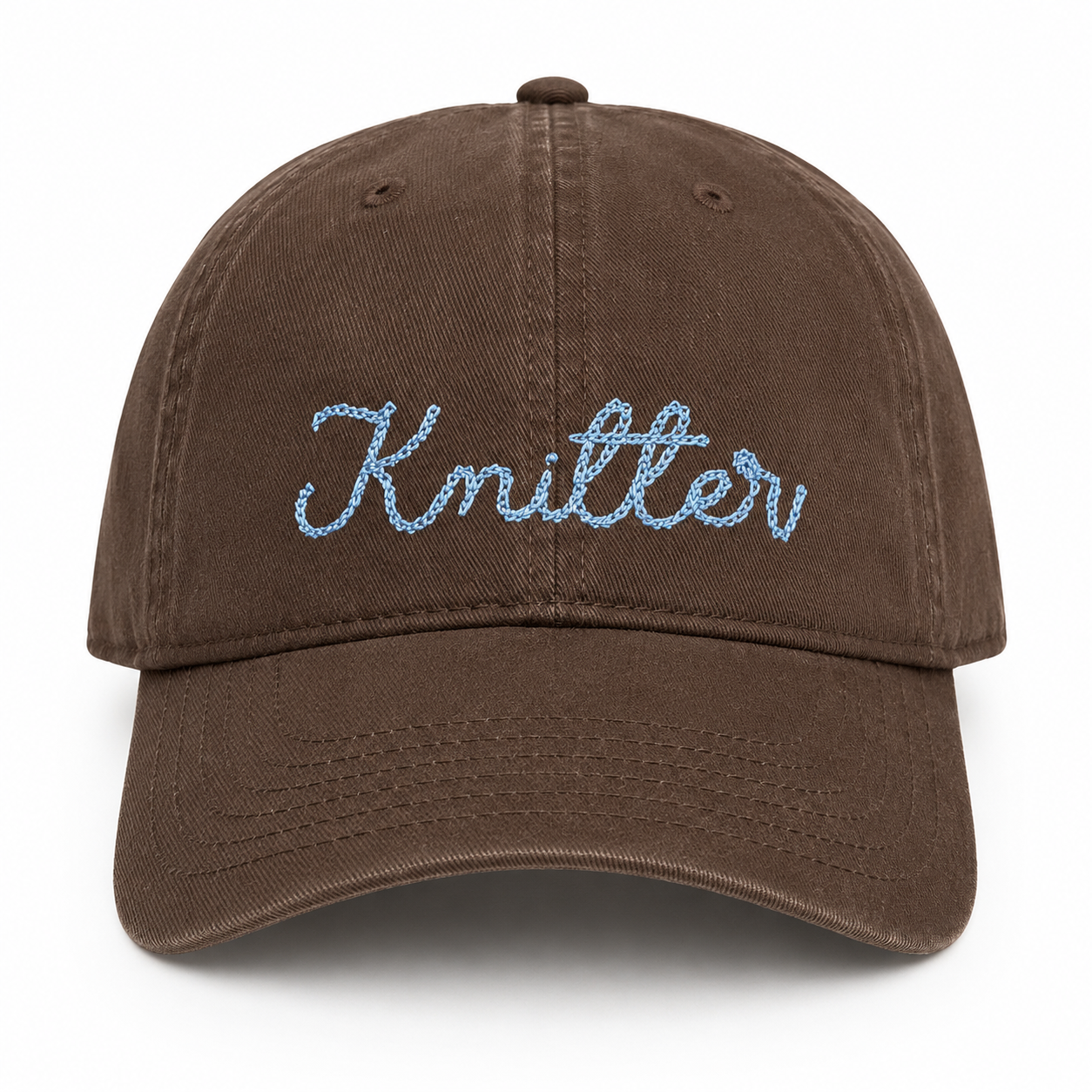 Custom embroidered Knitter hat with chainstitch-style lettering
