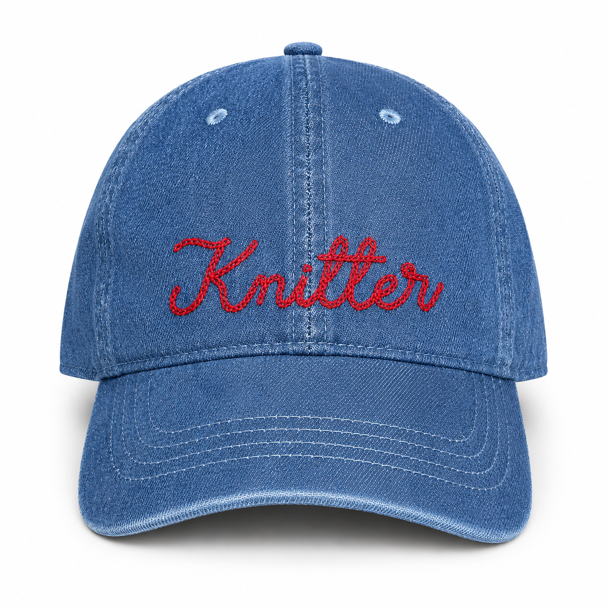 Medium denim hat with red chainstitch-style Knitter embroidery