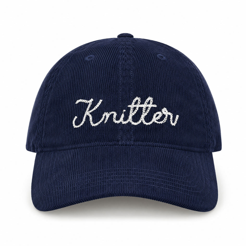 Navy corduroy hat with white chain stitch Knitter embroidery