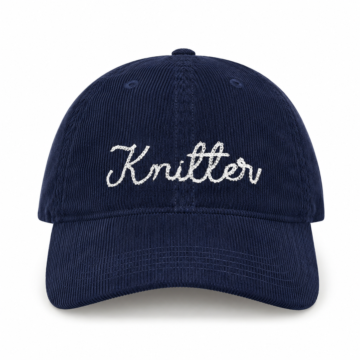 Navy corduroy hat with white chain stitch Knitter embroidery