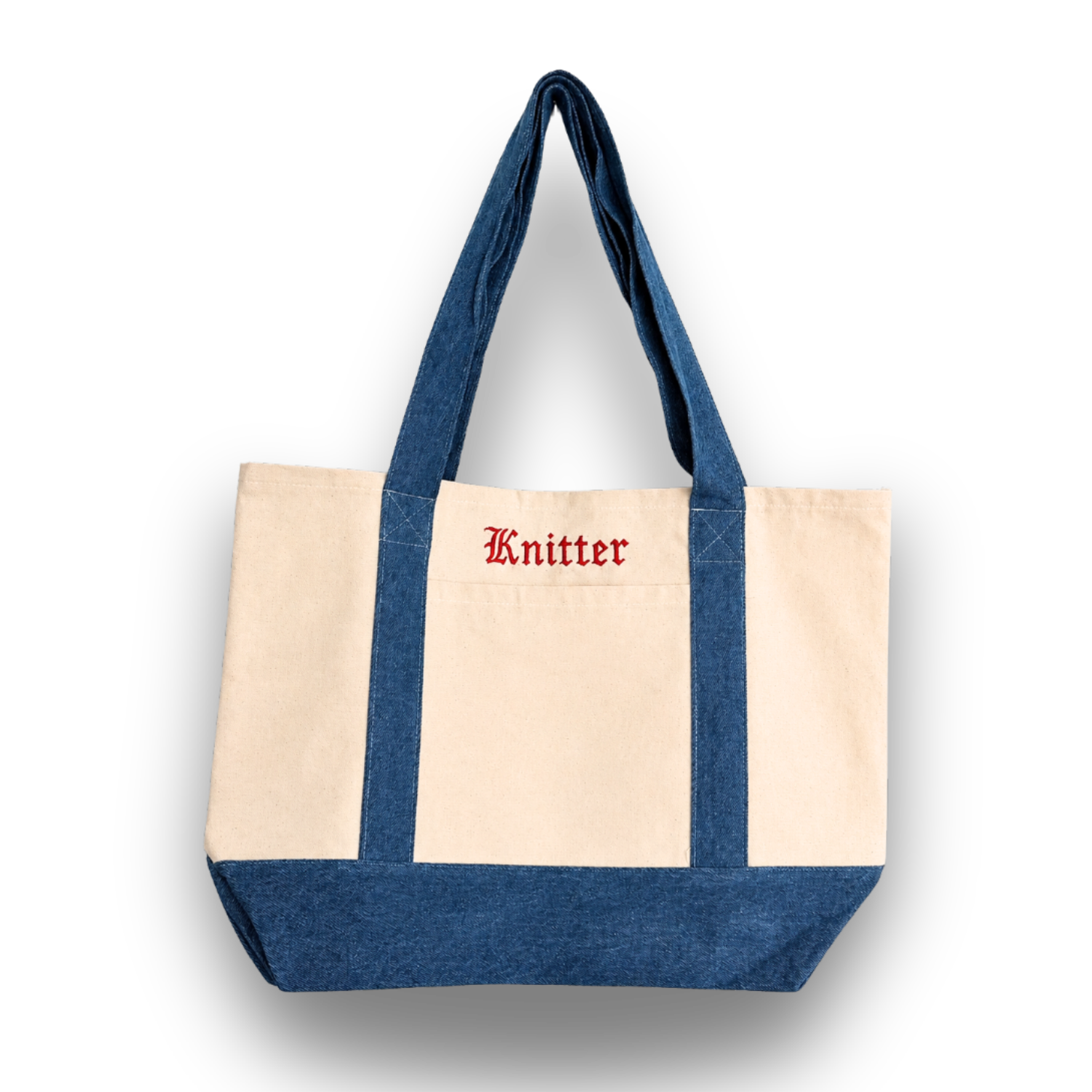 Tote bag with 'Knitter' text on a white background