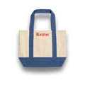 Tote bag with blue handles and bottom, beige body, and 'Knitter' text on a white background