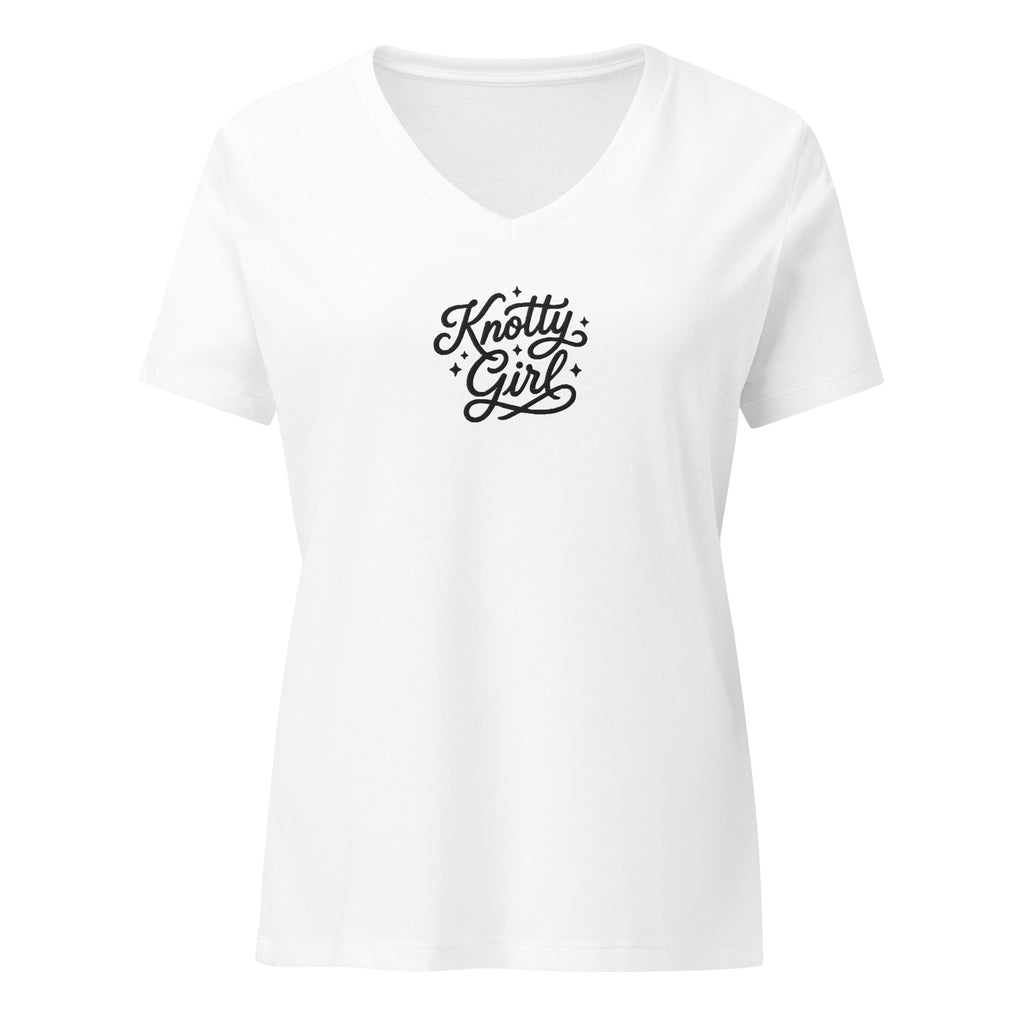 Women’s V-neck tee with tonal Knotty Girl embroidery