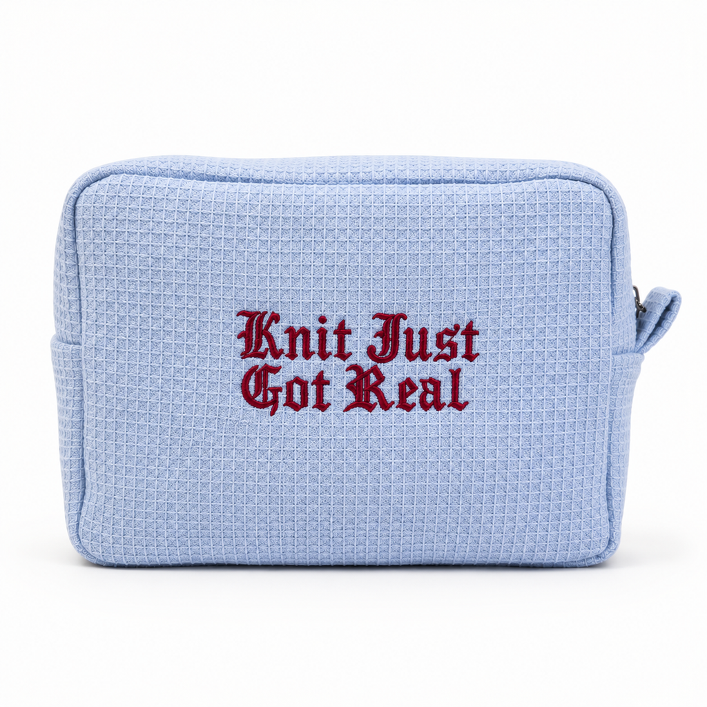 Knit Just Got Real - Light Blue Waffle Project Pouch – Red Embroidery | Maker Favorite