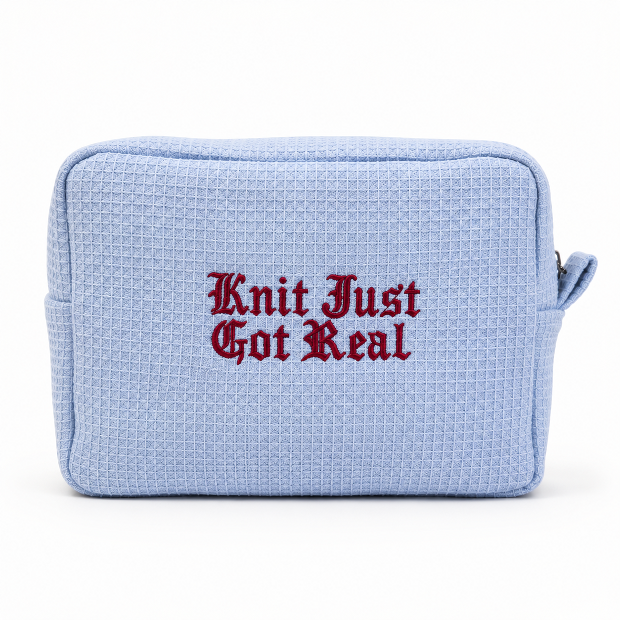 Knit Just Got Real - Light Blue Waffle Project Pouch – Red Embroidery | TIMI