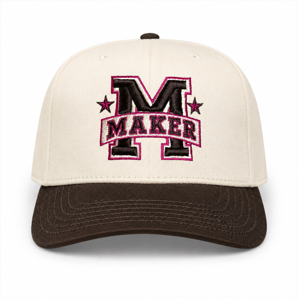 Cream and brown structured hat with brown and dark pink 3D puff Maker embroidery and star accents
