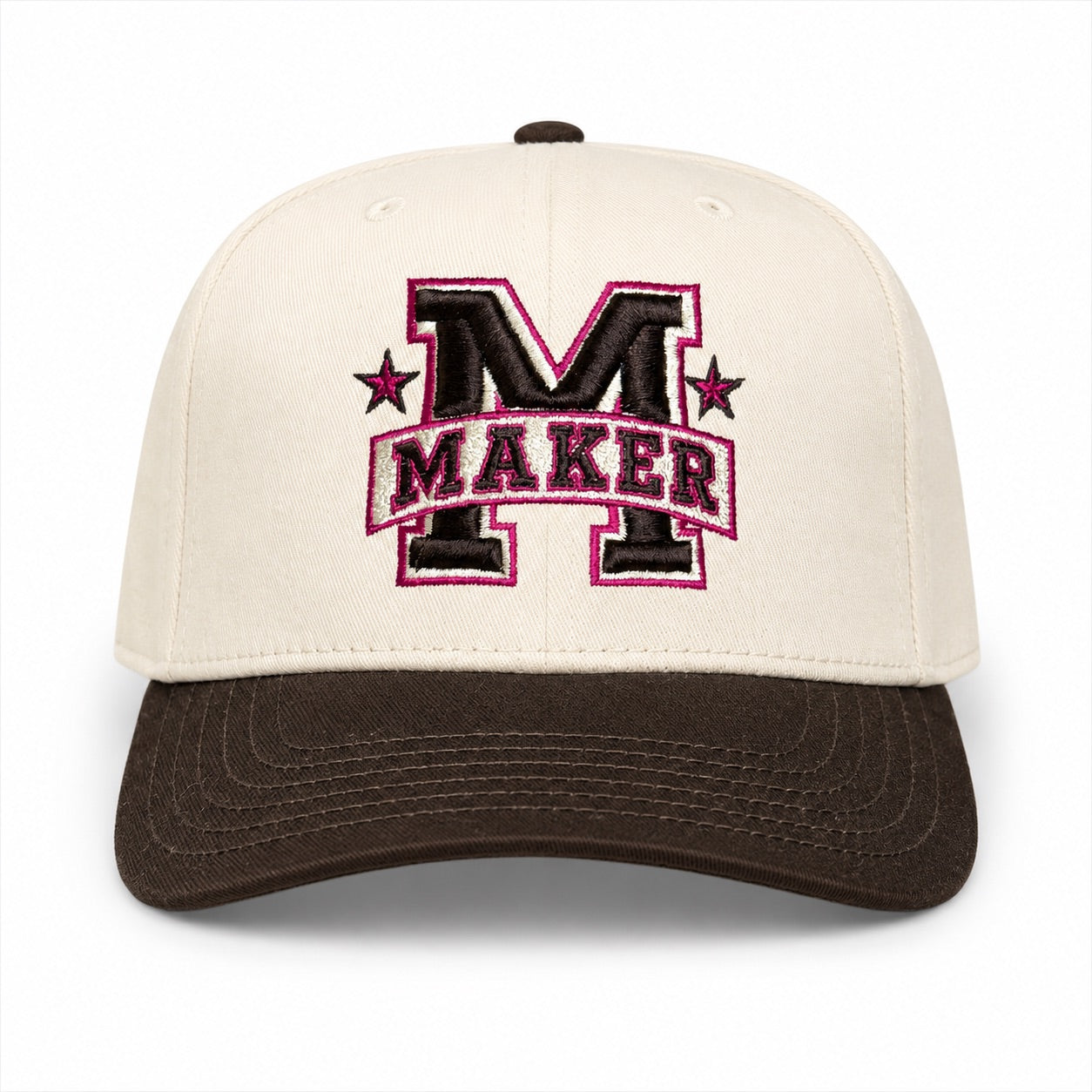 Cream and brown structured hat with brown and dark pink 3D puff Maker embroidery and star accents