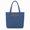 Denim tote bag with orange New York Knits embroidery above the front pocket
