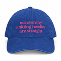 A blue cotton baseball cap with pink embroidered text on the front that reads 'not even my knitting needles are straight', shown against a plain white background.