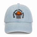 Light wash denim hat with Nothing But Knit embroidery and yarn ball hoop design