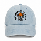 Light wash denim hat with Nothing But Knit embroidery and yarn ball hoop design