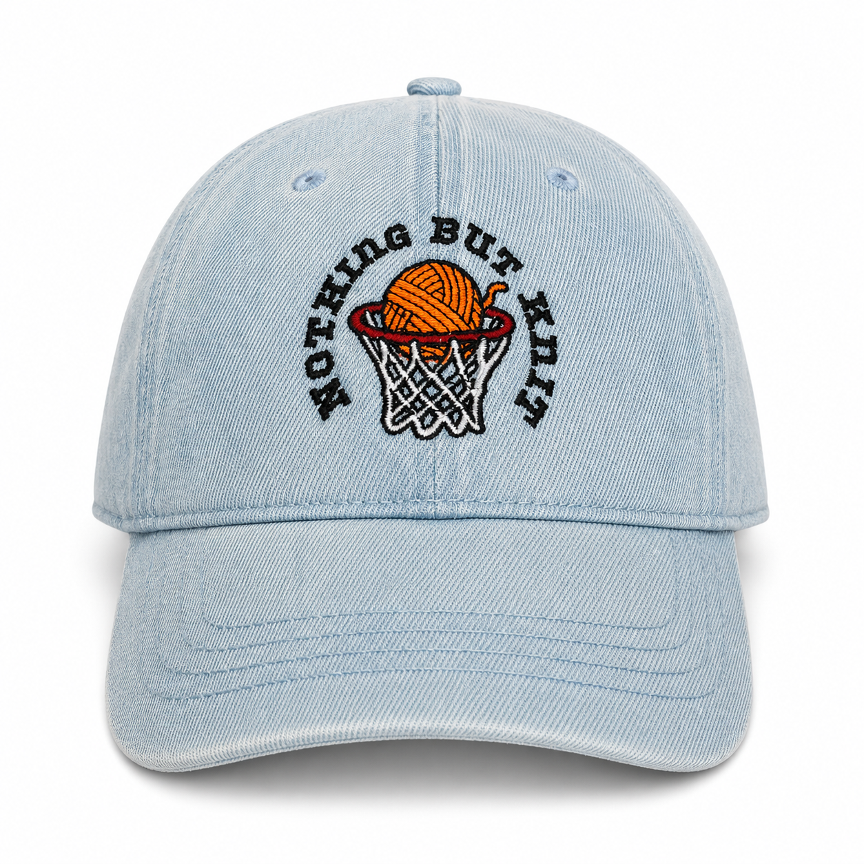 Light wash denim hat with Nothing But Knit embroidery and yarn ball hoop design