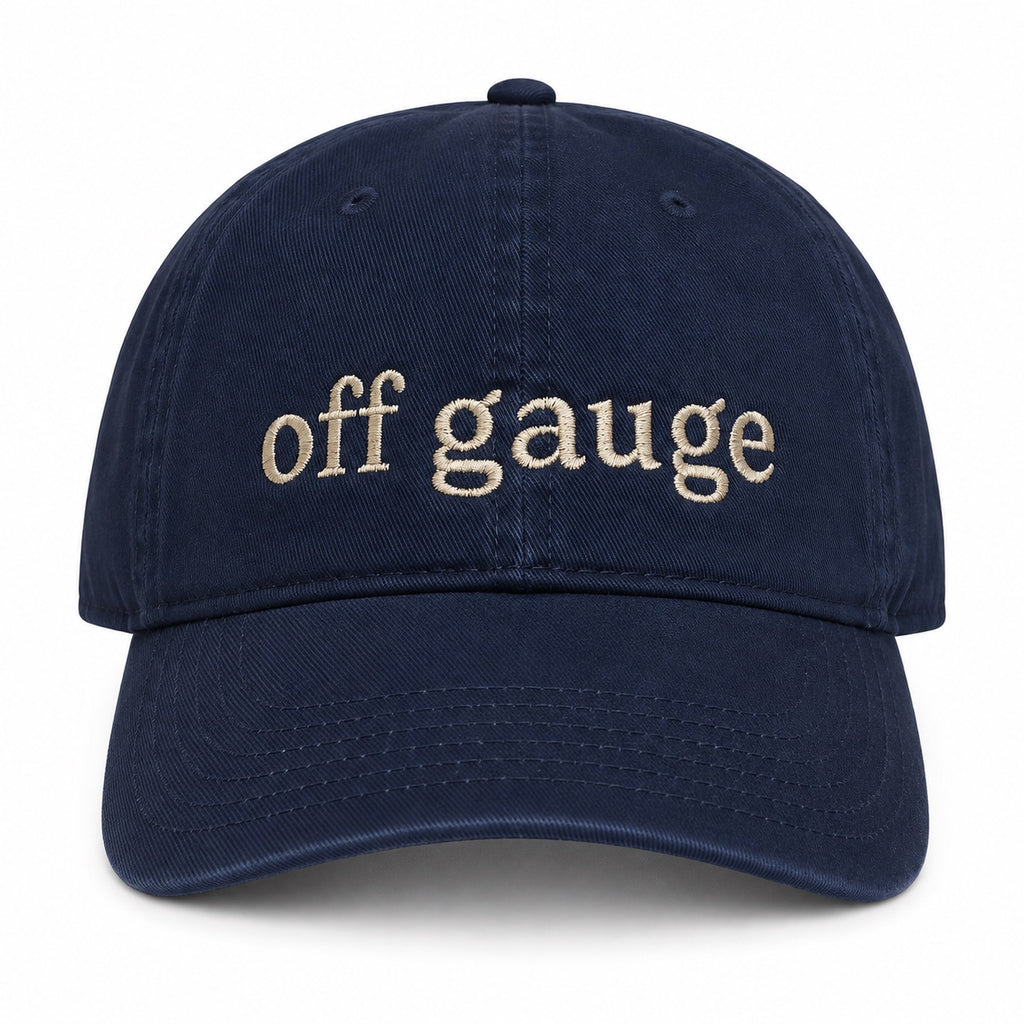 Navy blue hat with taupe Off Gauge embroidery
