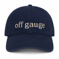 Navy blue hat with taupe Off Gauge embroidery