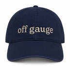 Navy blue hat with taupe Off Gauge embroidery