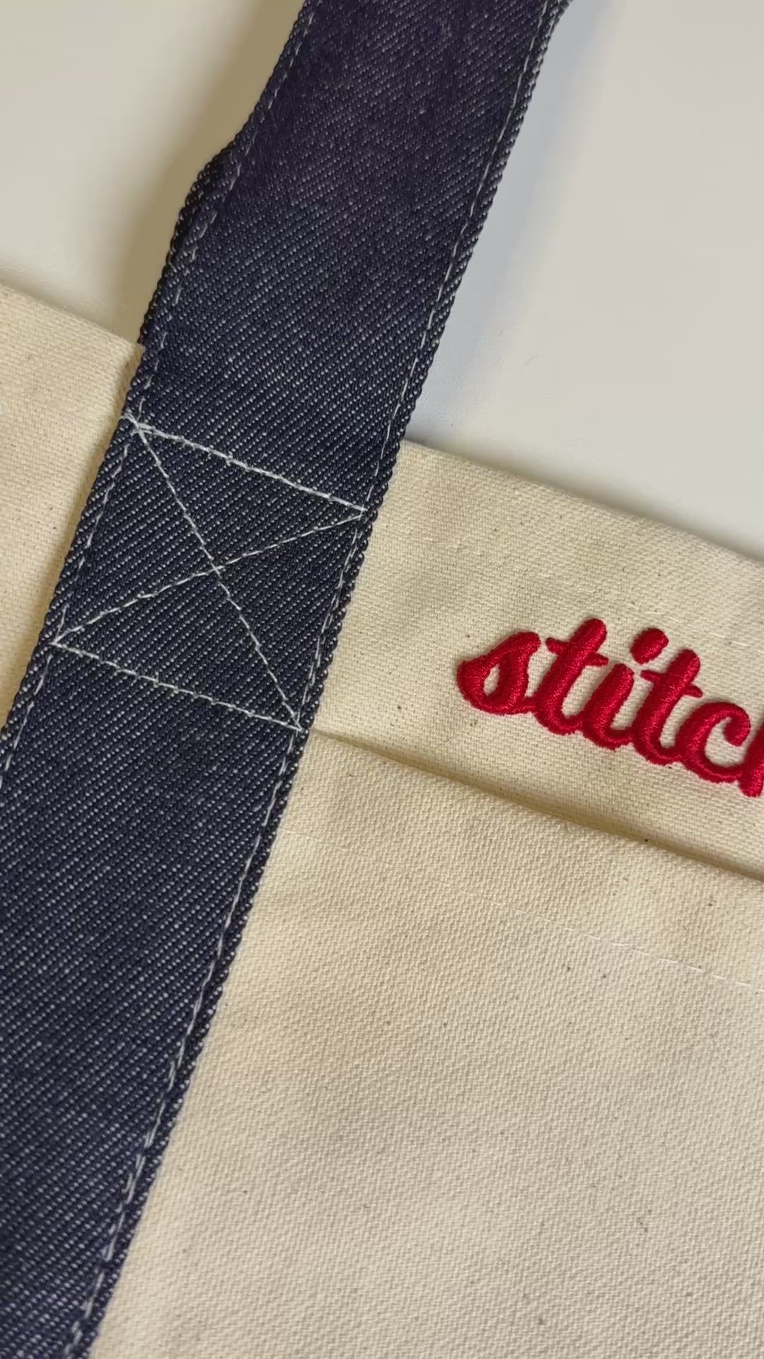 Stitch, Pls! – Natural/Dark Denim Mini Tote – Red 3D Puff Embroidery | TIMI