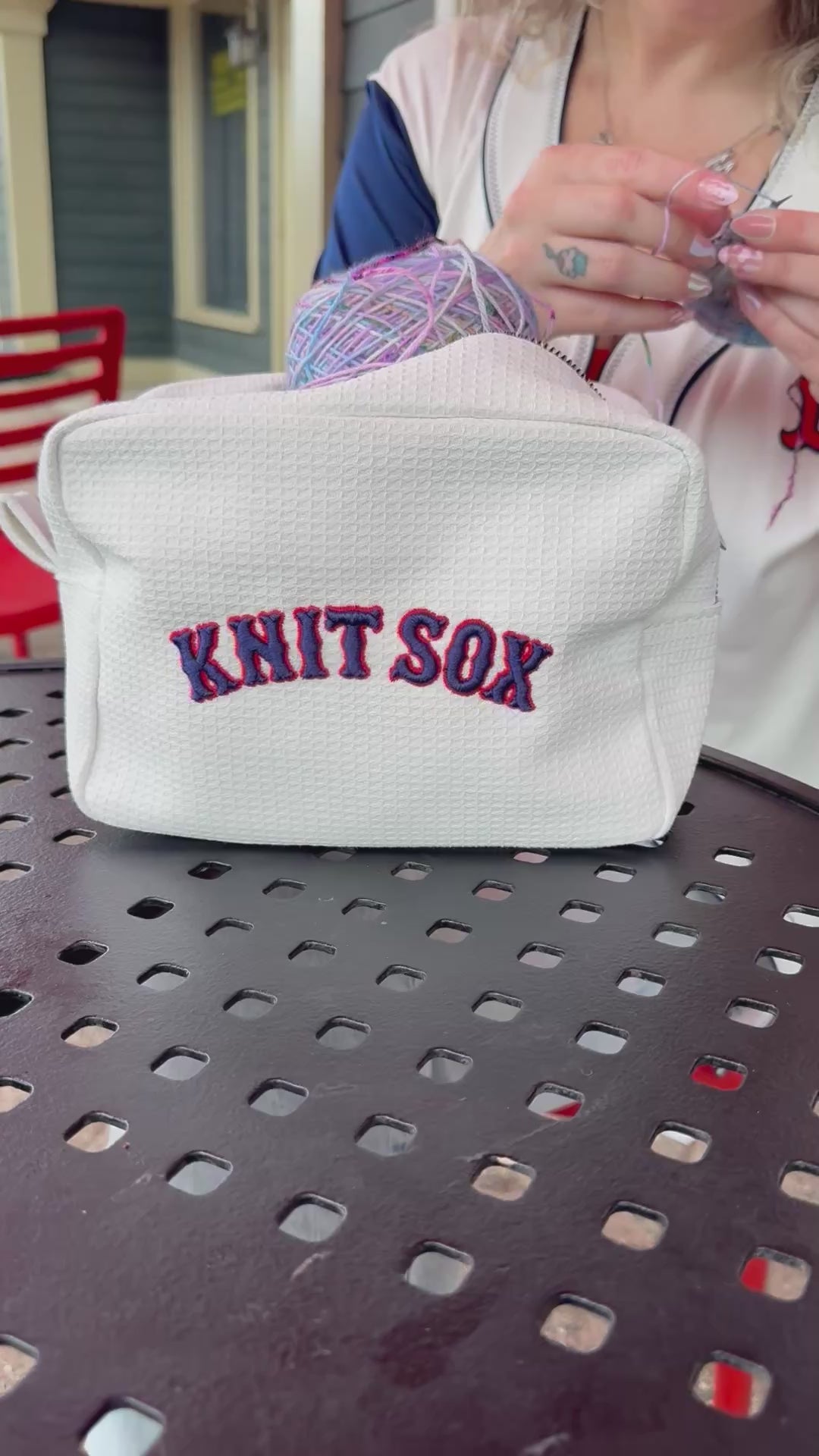 Knit Sox – White Zip Pouch – Red & Navy Puff Embroidery | TIMI