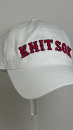 Knit Sox – White Dad Hat – Red Puff + Navy Embroidery | Maker Favorite