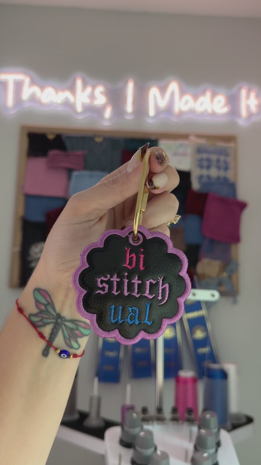 Bistitchual Black Scallop Circle Bag Tag – Pink, Purple + Blue Embroidery