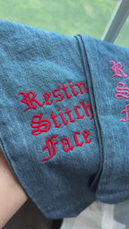 Resting Stitch Face - TIMI Denim Tote – Gothic Embroidered Bag for Knitters
