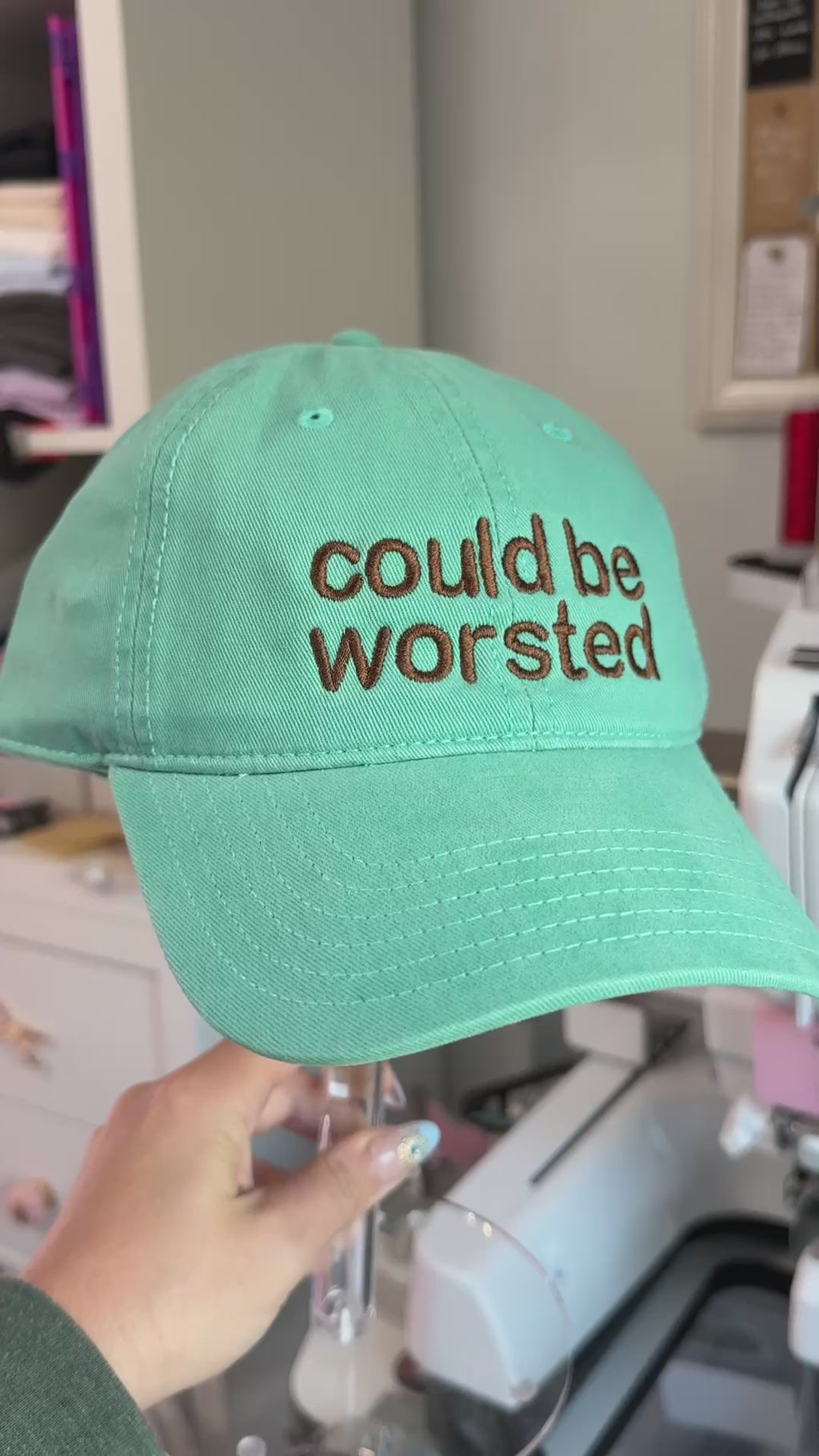 Could Be Worsted – Turquoise Dad Hat – Chocolate Brown Sans Embroidery