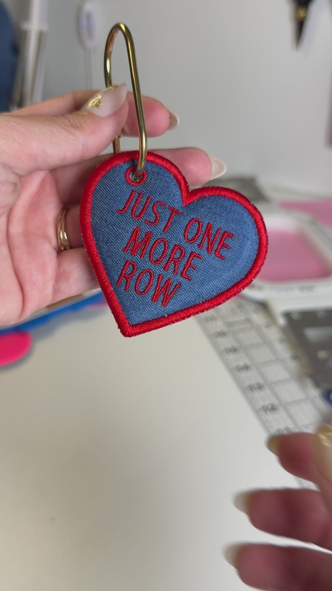 Just One More Row – Denim Heart Bag Tag – Red Embroidery | TIMI