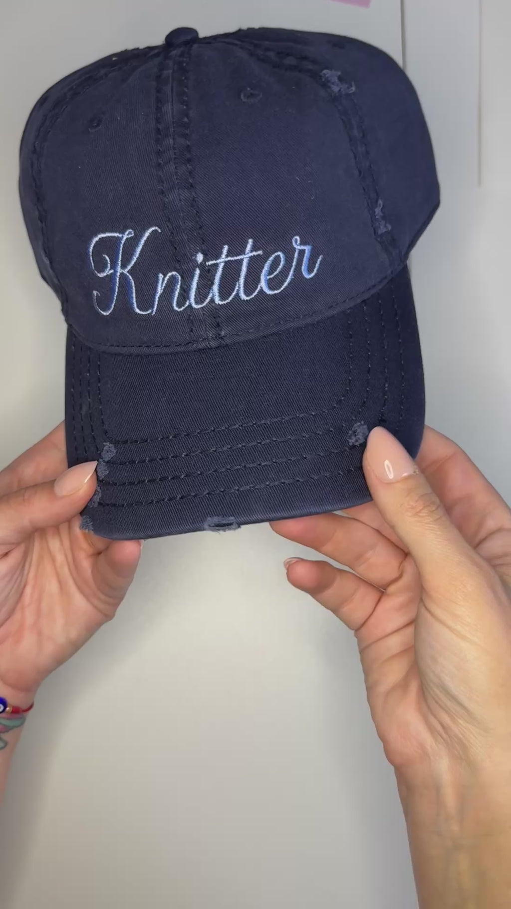 Knitter – Distressed Navy Hat – Baby Blue Embroidery | Maker Favorite