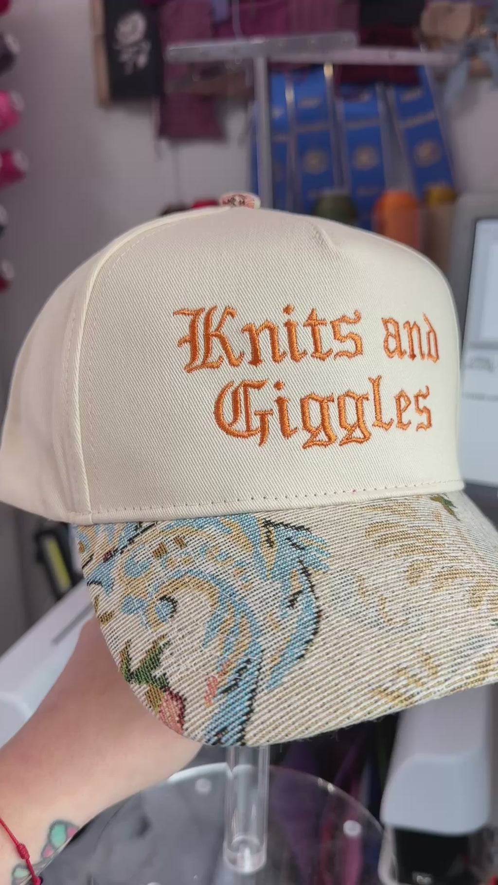 Knits and Giggles Jacquard Floral Brim Hat – Burnt Orange Gothic Embroidery