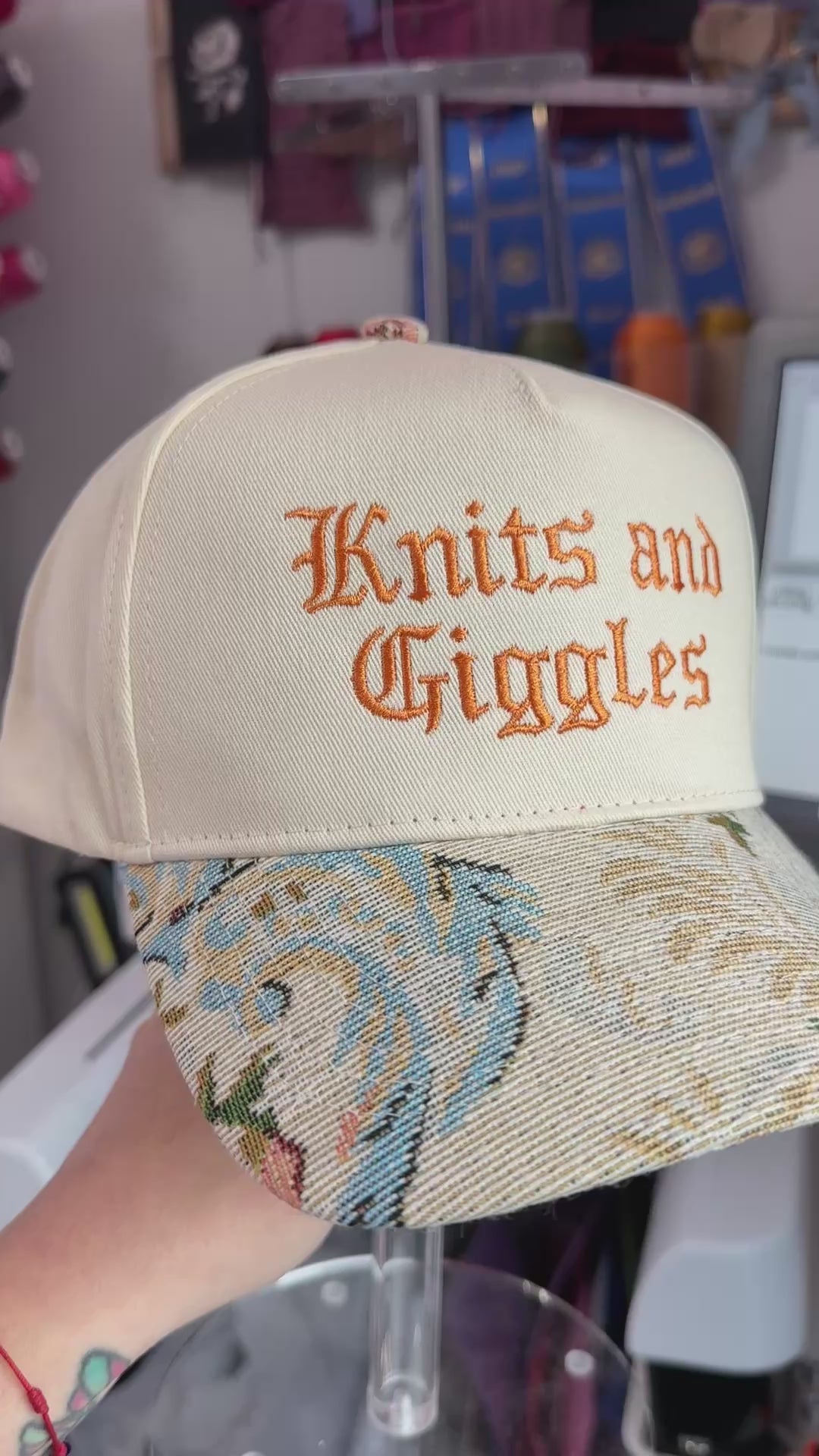 Knits and Giggles Jacquard Floral Brim Hat – Burnt Orange Gothic Embroidery