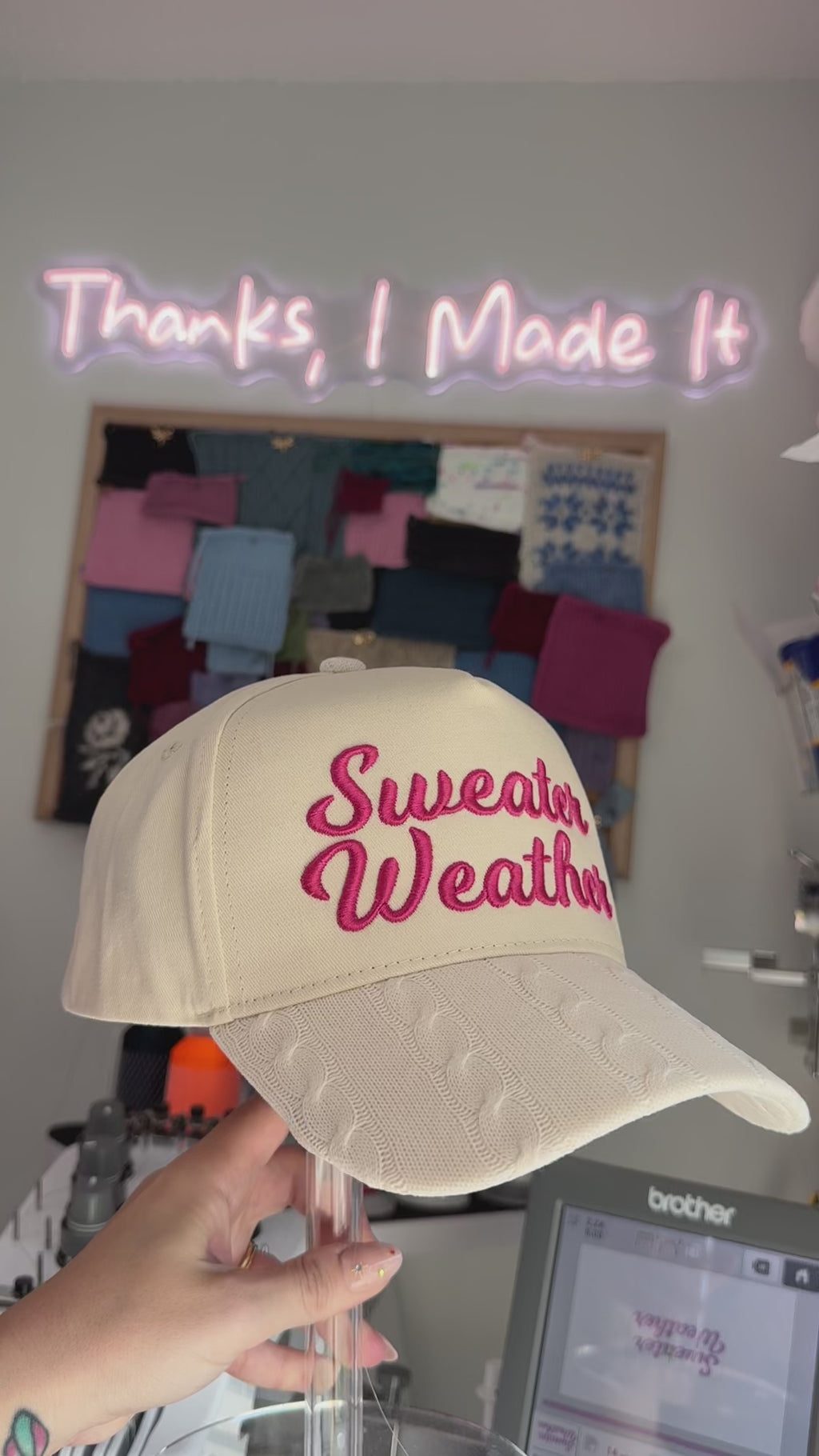 Sweater Weather Cream Sweater Hat – Pink 3D Puff Embroidery