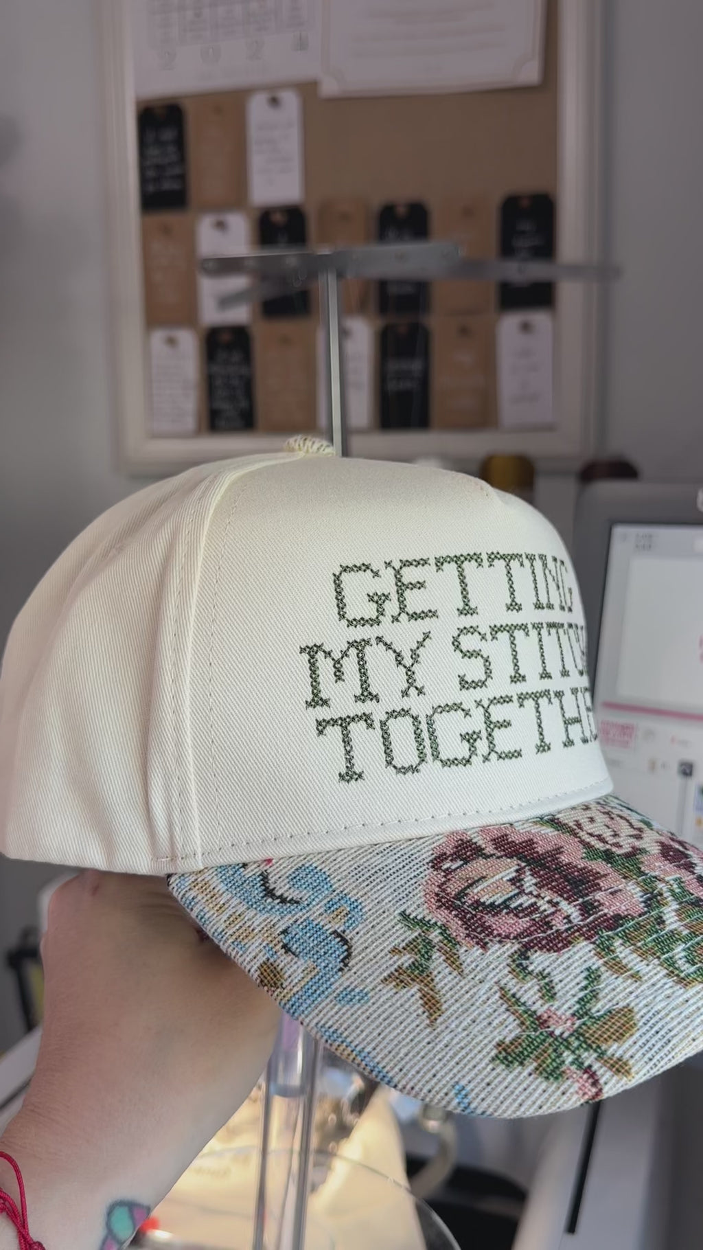 Getting My Stitch Together Jacquard Floral Hat – Dark Olive Cross Stitch Embroidery