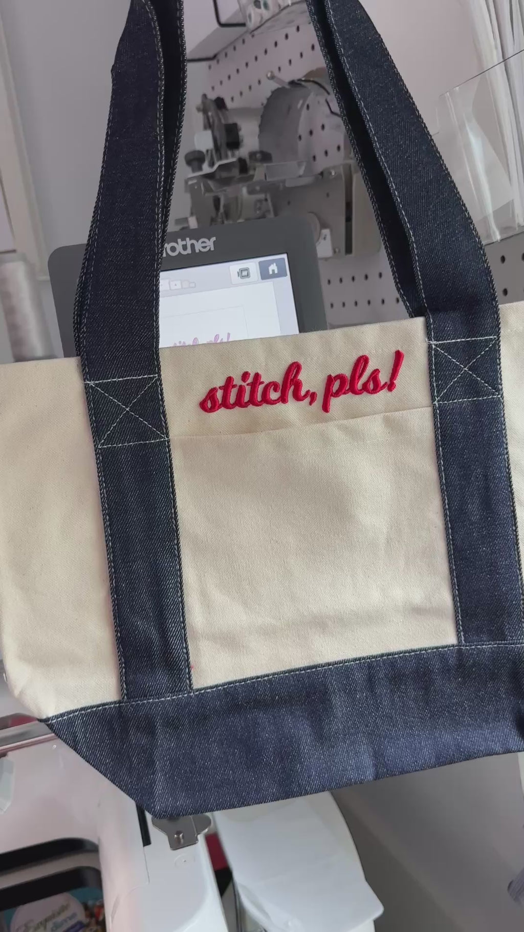 Stitch, Pls! – Natural/Dark Denim Mini Tote – Red 3D Puff Embroidery | TIMI