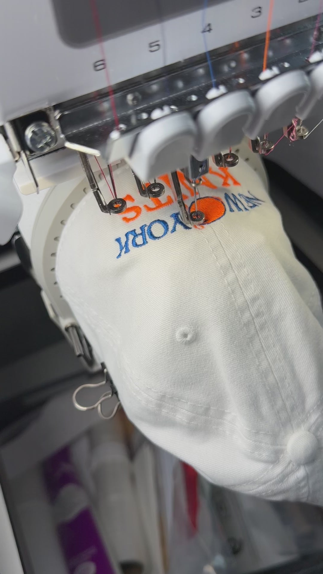 New York Knits – White Cotton Dad Hat – Blue + Orange Embroidery