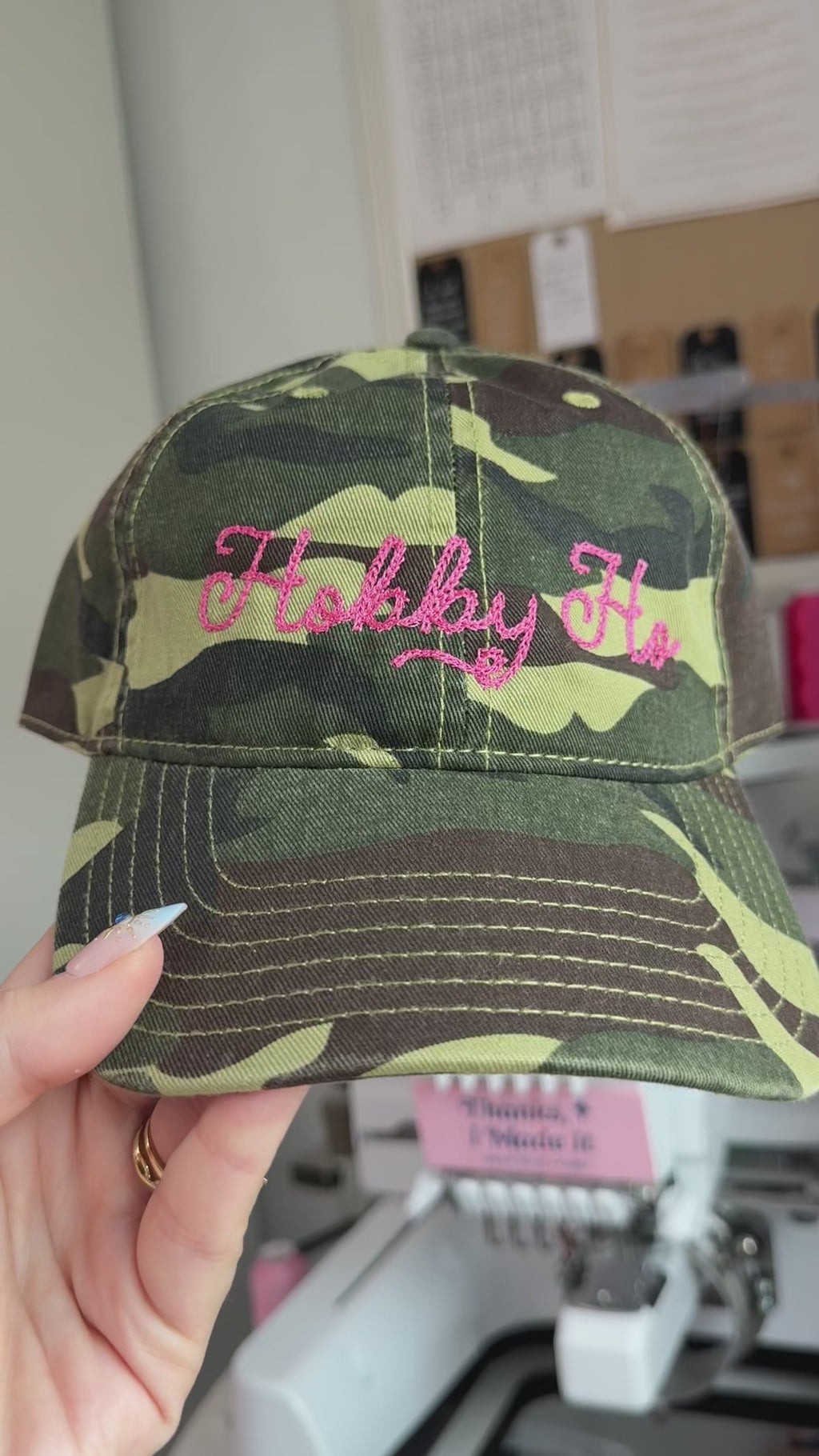 Hobby Ho Camo Dad Hat – Pink Chain Stitch Embroidery