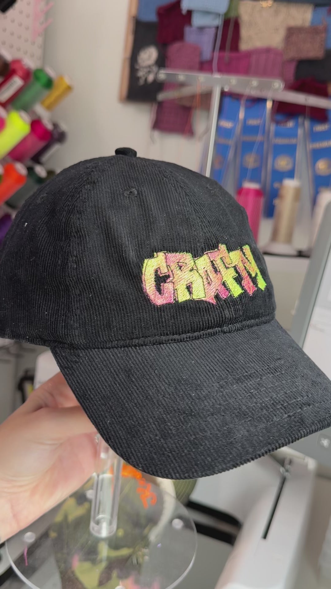 CRAFTY Black Corduroy Dad Hat – Neon Green + Bubblegum Pink Embroidery