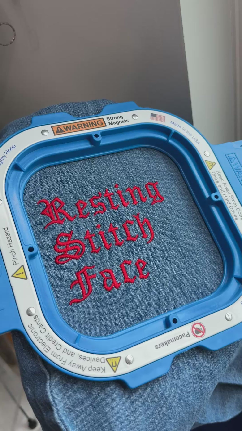 Resting Stitch Face - TIMI Denim Tote – Gothic Embroidered Bag for Knitters