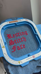 Resting Stitch Face - TIMI Denim Tote – Gothic Embroidered Bag for Knitters